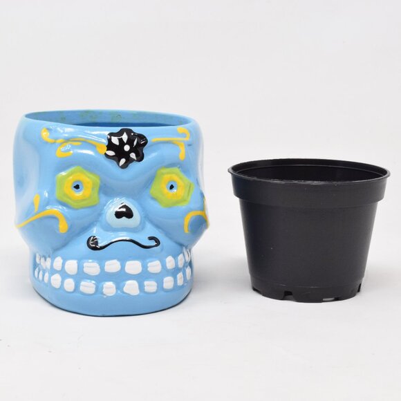 Sugar Skull Planter Dia De Los Muertos Succulent Pot Small Blue Insert Halloween - Picture 2 of 10
